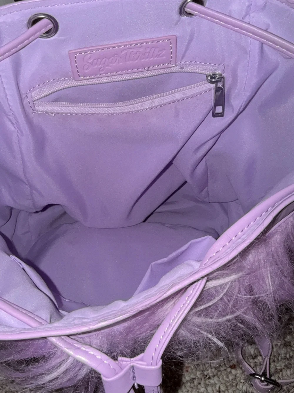 Sugar Thrillz Lavender Heart Faux-Fur Backpack
